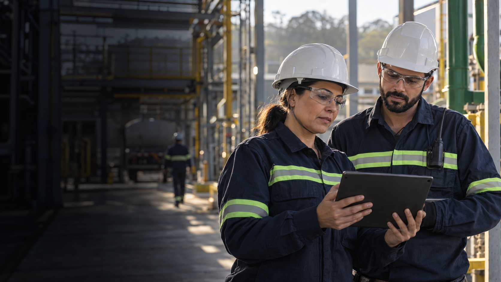 Profissionais de segurança do trabalho analisando uma operação industrial
