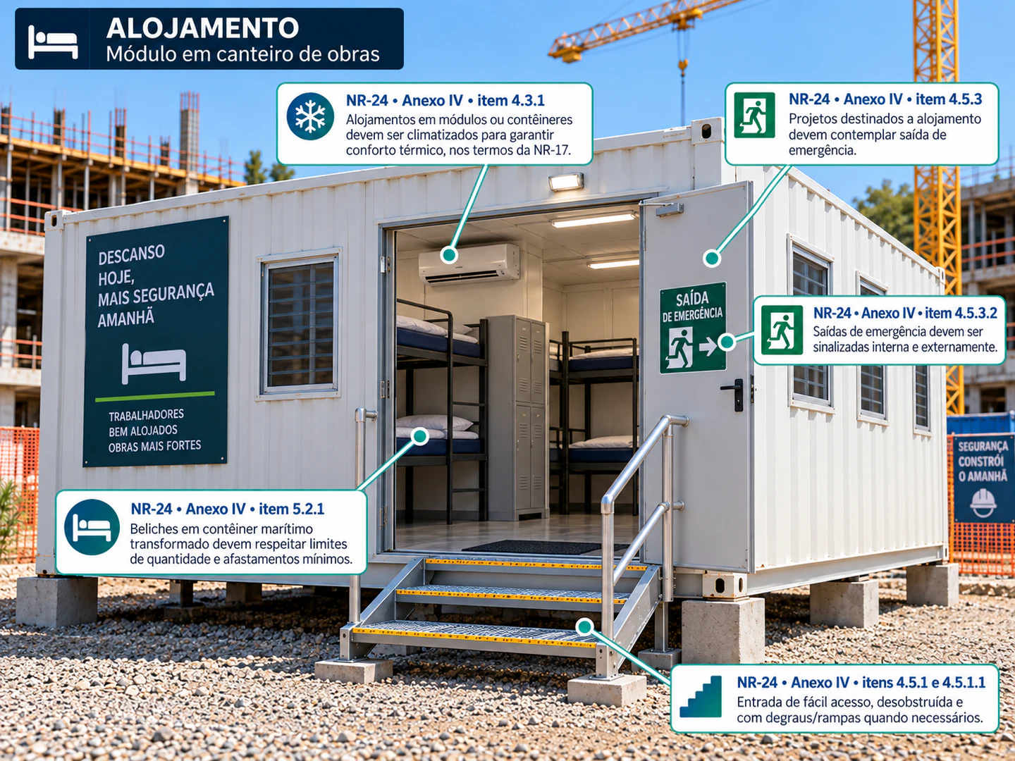 Infográfico de alojamento modular com climatização, saída de emergência, beliches e acesso seguro