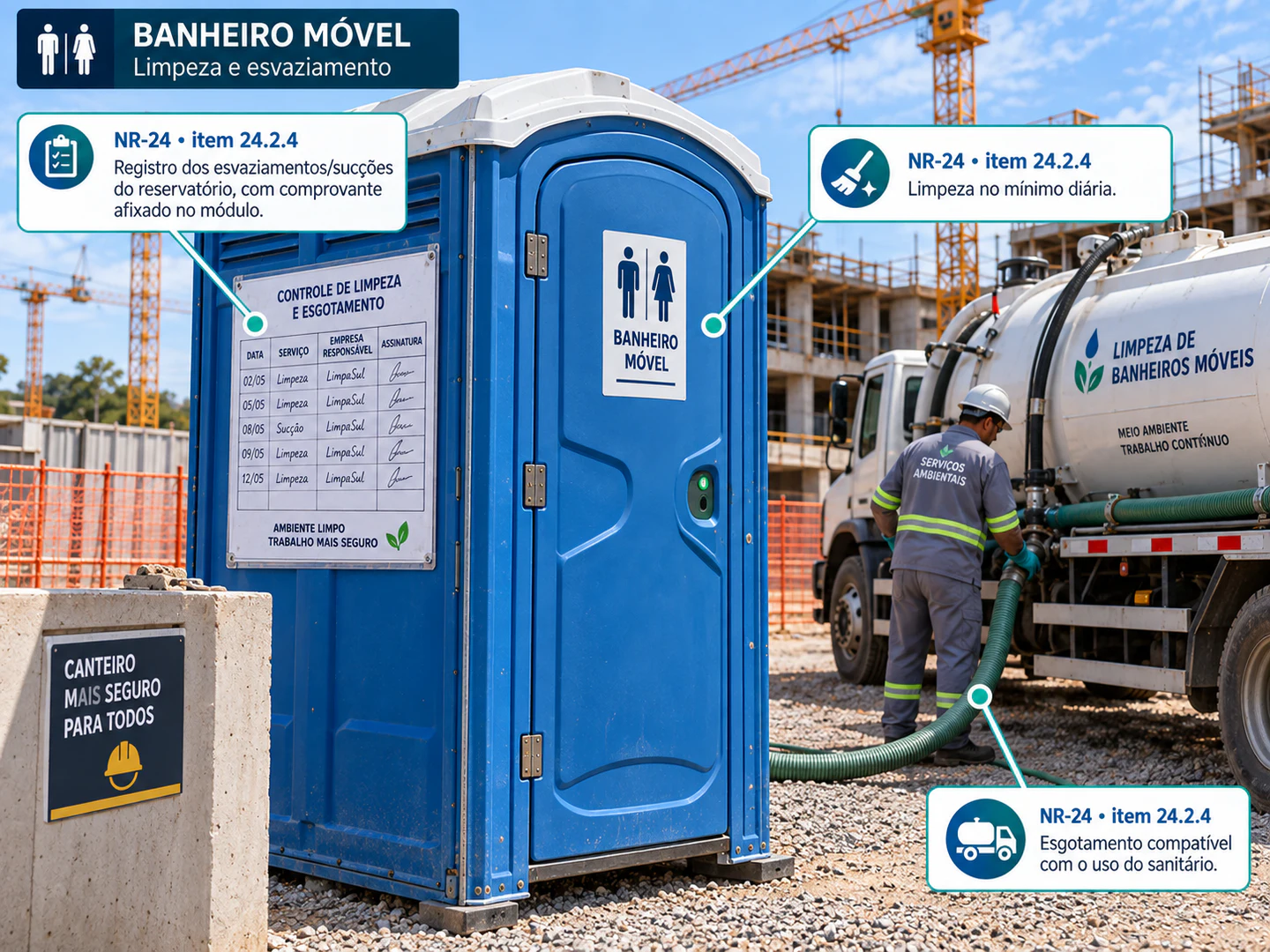 Infográfico sobre limpeza diária, registro e esvaziamento de banheiro móvel