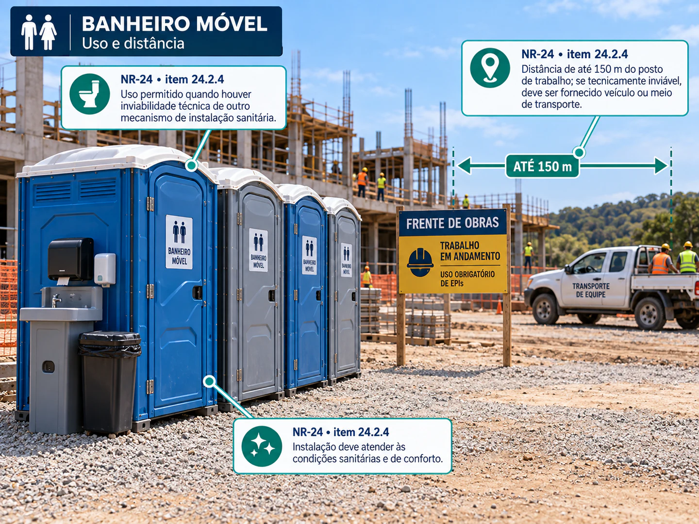Infográfico sobre uso de banheiro móvel e distância de até 150 metros do posto de trabalho
