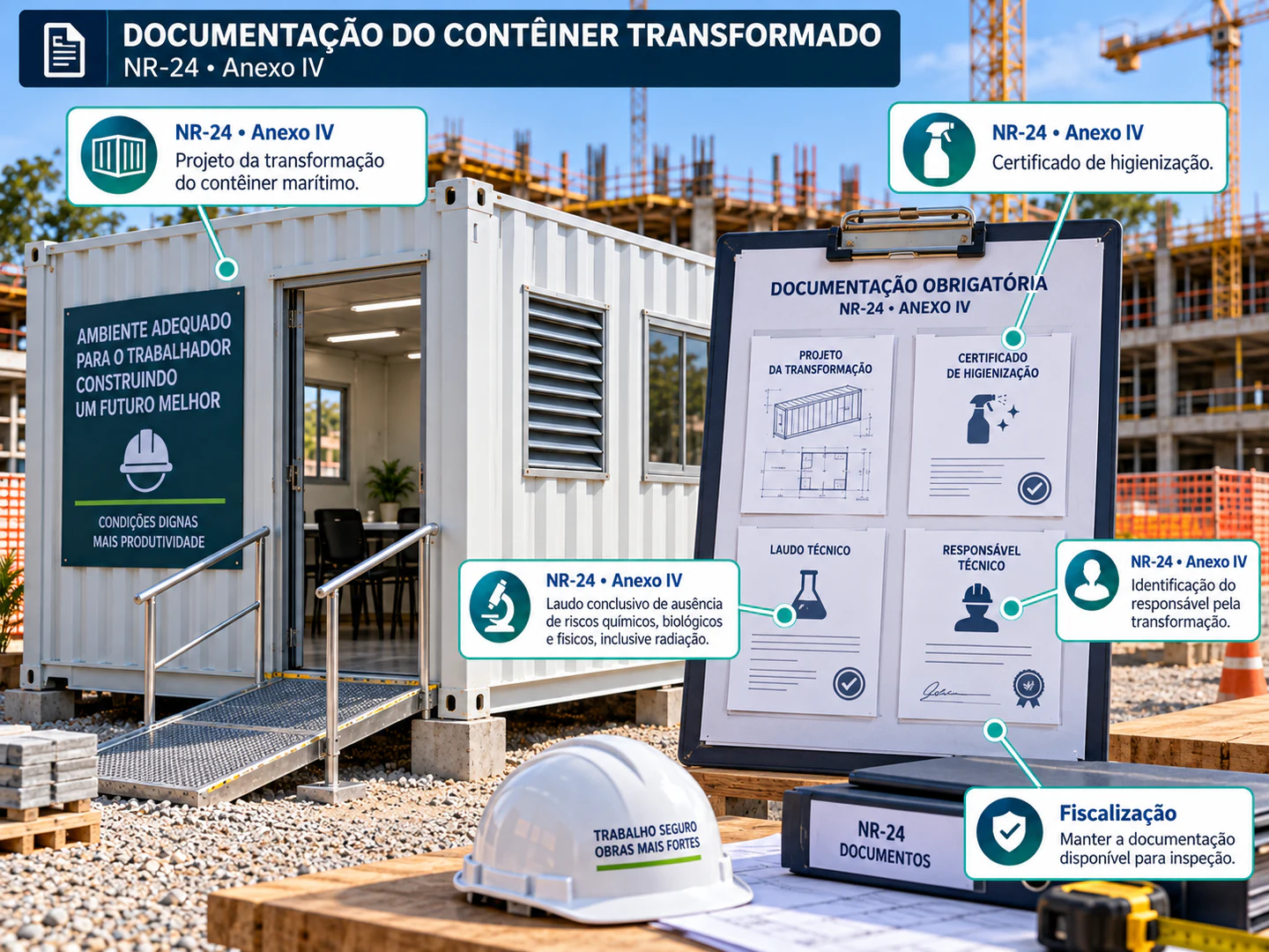 Infográfico sobre a documentação necessária para contêiner marítimo transformado