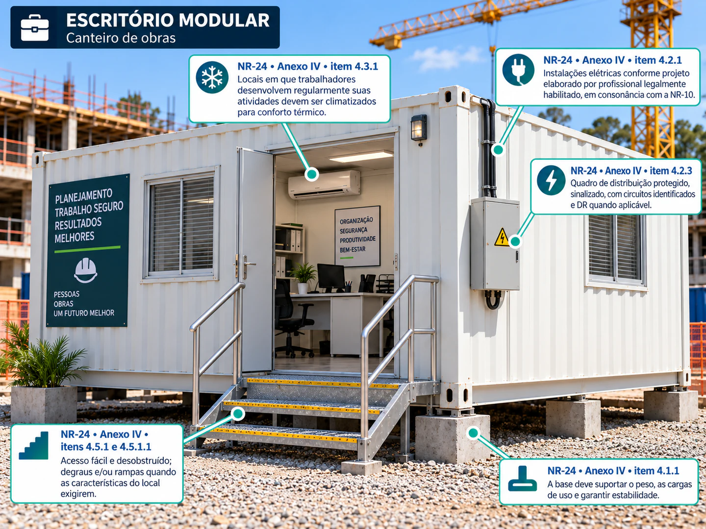 Infográfico de escritório modular com requisitos de base, acesso, climatização e instalações elétricas