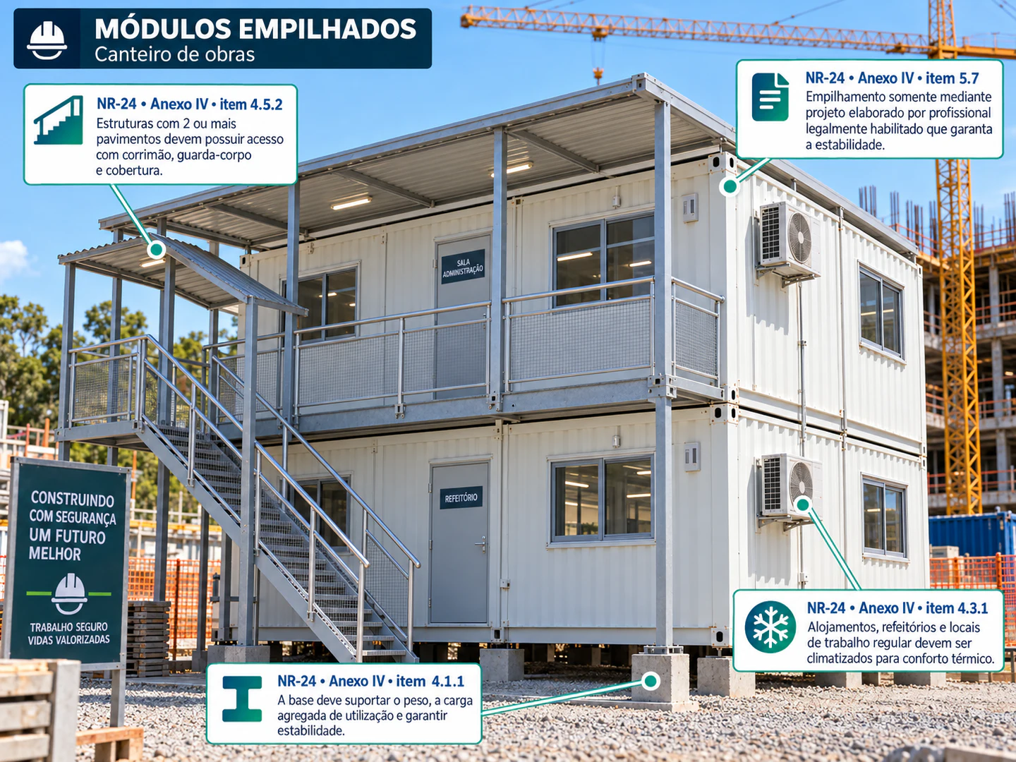 Infográfico sobre módulos empilhados, estabilidade estrutural, acesso e climatização