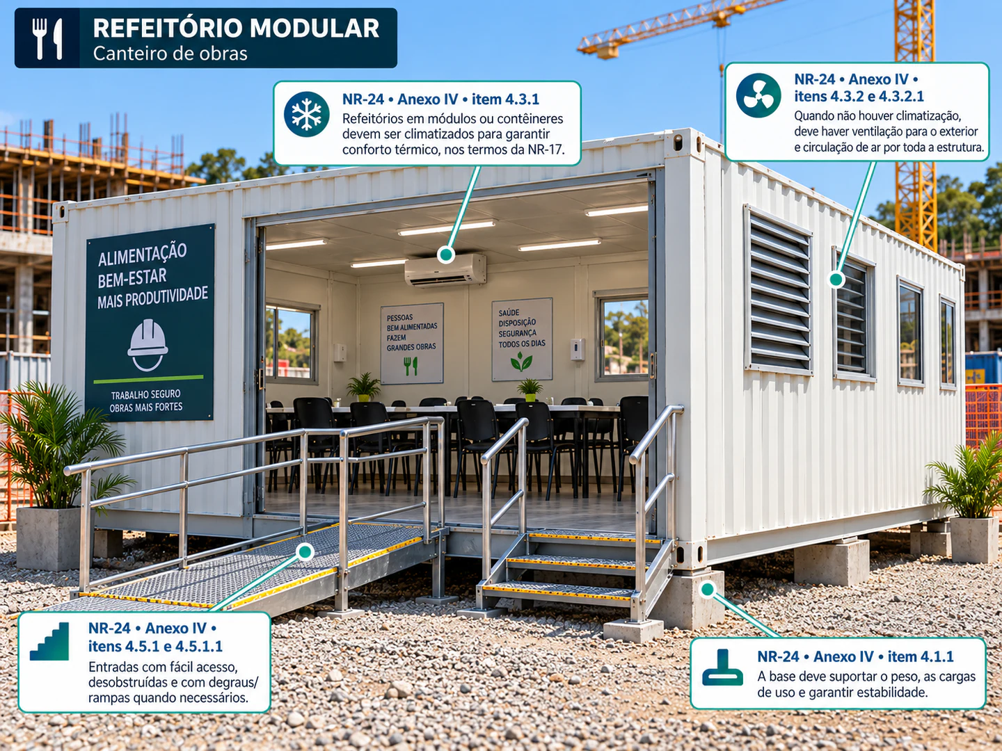 Infográfico de refeitório modular com climatização, ventilação, acesso e estabilidade