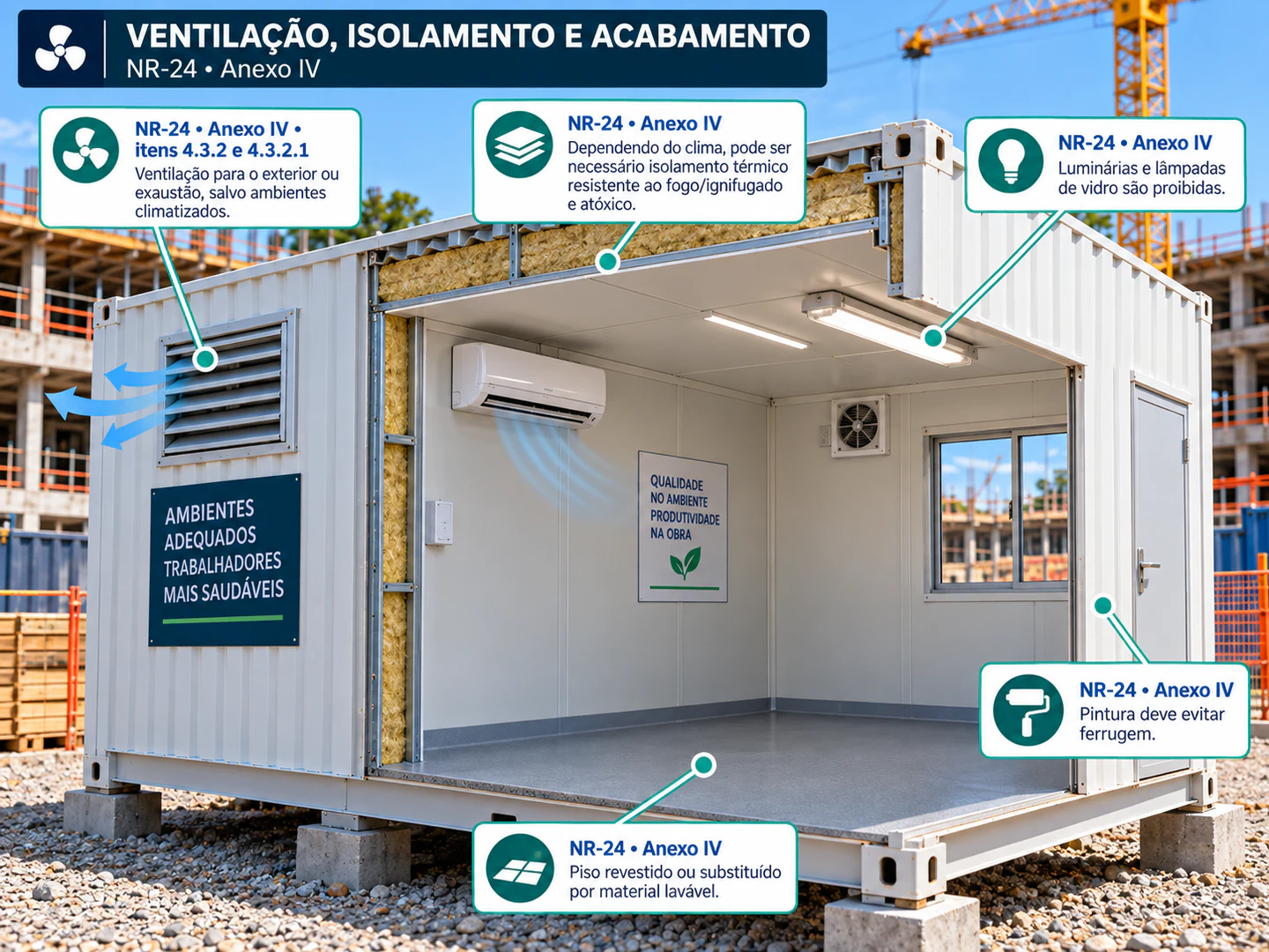 Infográfico sobre ventilação, isolamento térmico, iluminação, piso lavável e prevenção de ferrugem em módulo